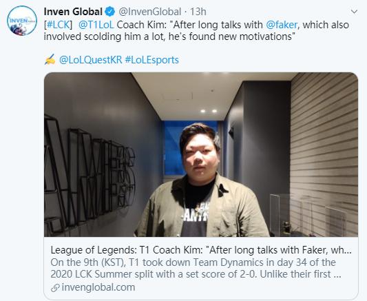 T1监督金晶洙：与Faker进行了长谈 他获得了新动力
